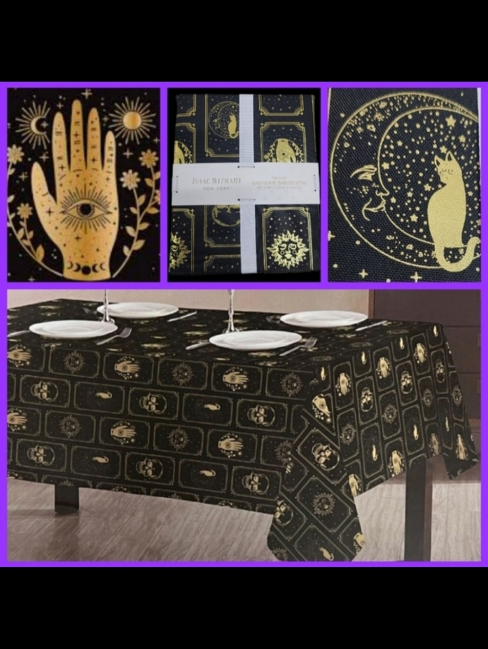 Issac Mizrahi Halloween Tarot Card Fabric Tablecloth Mystic Eye Skull Cat Moon